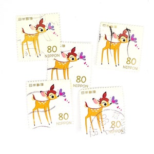 5 sellos postales japoneses usados de Bambi, todos en papel - Japón - Disney - Deer Cute - para manualidades, scrapbooking, fabricación de tarjetas, intercambios