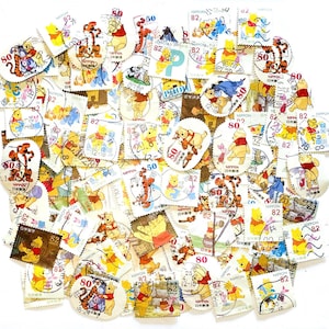 100 sellos postales japoneses usados de Winnie the Pooh con muchos matasellos, todos en papel - Piglet Tigger Eeyore - para collage, álbum de recortes, manualidades