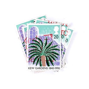 10 x Kew Gardens, usados, selos postais britânicos, todos em papel - 1990 - Cycad Sir Joseph Banks Building, 20p - para diários, álbuns de recortes, artesanato