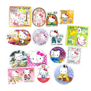 15 x Hello Kitty d'occasion, timbres-poste japonais tous sur papier - Japon - chats - coeurs - pour la fabrication de cartes, faire-part, scrapbooking, travaux manuels