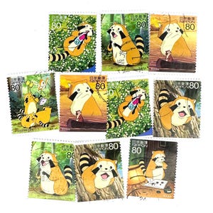 10 x Rascal the Raccoon, timbres-poste japonais tous hors papier - Japon - Araiguma Rasukaru - pour travaux manuels, carnet, collection