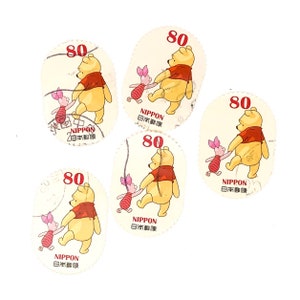 5 x Winnie l'ourson et pige utilisés, timbres-poste japonais tout sur papier - pour la fabrication de cartes, scrapbooking, artisanat, collecte, style photo