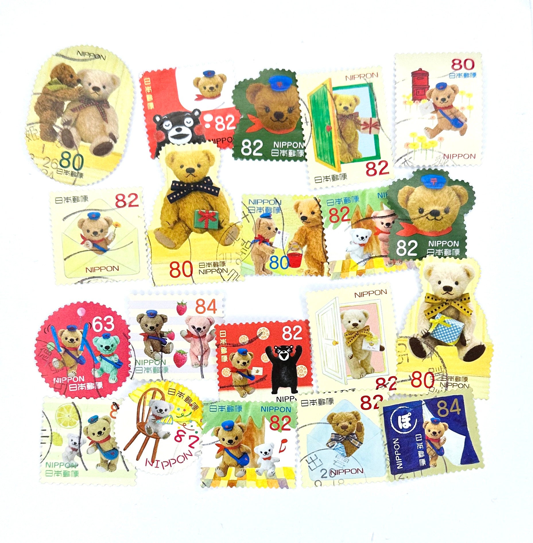 20 x Posukuma & Teddy Bear cute Japanese used postage stamps - off paper -  all different - Japan - Nippon - Set 1