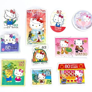 10 x Hello Kitty d'occasion, timbres-poste japonais tous hors papier - Japon - chats - coeurs - pour la fabrication de cartes, faire-part, scrapbooking, travaux manuels