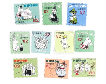 10 x Moomin used, Japanese postage stamps all different off paper - Japan - Little My Snork - for card making, styling, scrapbook, crafts
