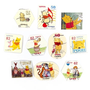 10 x Winnie the Pooh usado, sellos postales japoneses todo fuera de papel - Japón - Piglet - Tigger - Eeyore - para hacer tarjetas, álbumes de recortes, manualidades