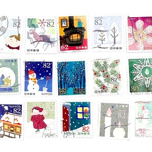 Usado en Japón - 15 sellos postales navideños japoneses mixtos de invierno, todos diferentes, para collage, coleccionismo de sellos, álbumes de recortes y manualidades.
