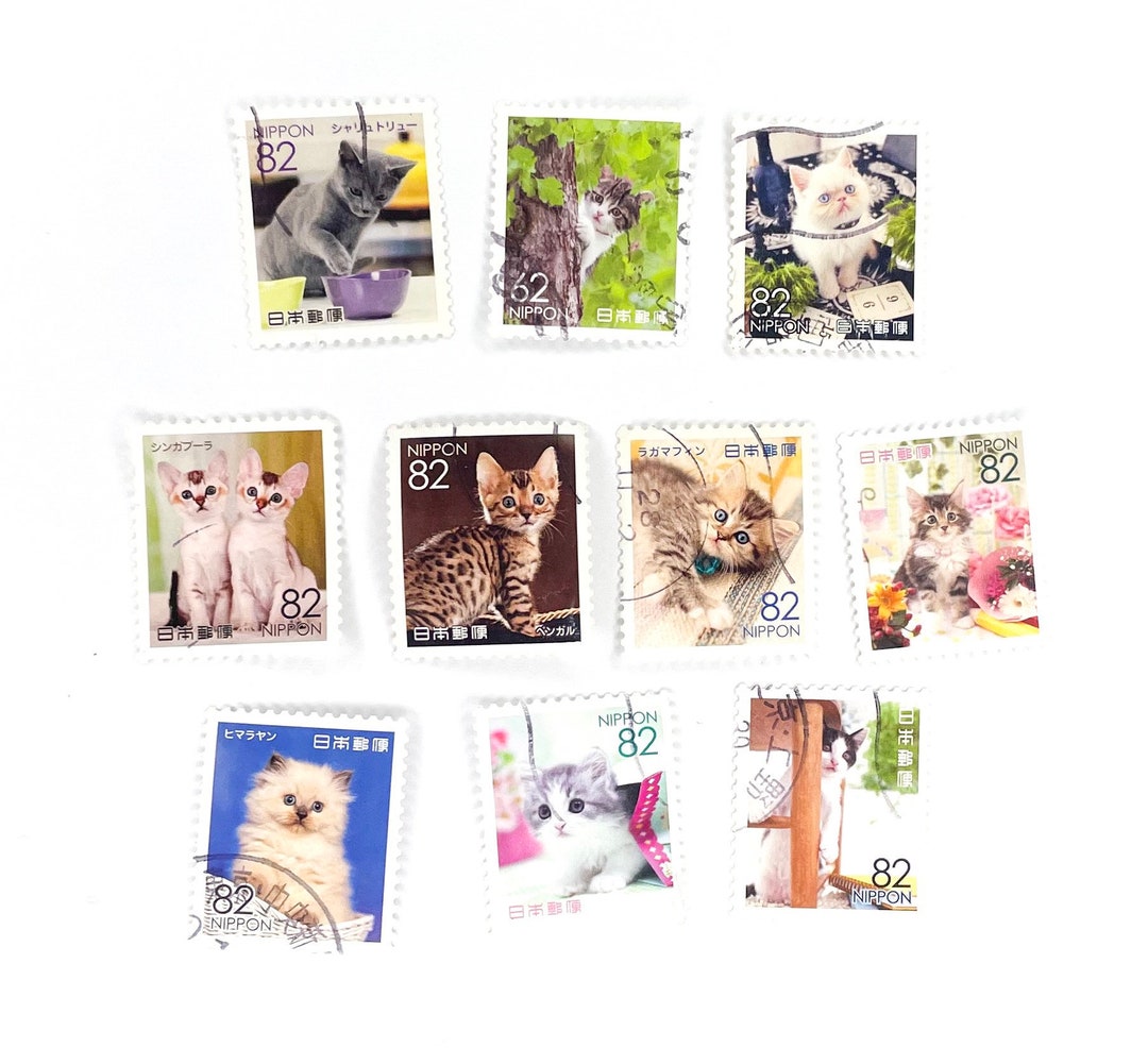 10 X Cat & Kittens Used Postage Stamps From Japan Cute Etsy Denmark