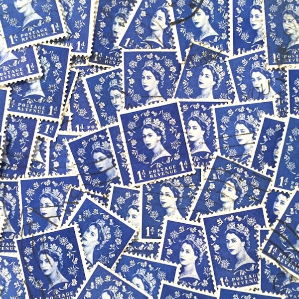 Dark Blue, used, British, 1d wilding postage stamps all off paper for collage, stamp collecting, scrapbooking, stamp art, crafting