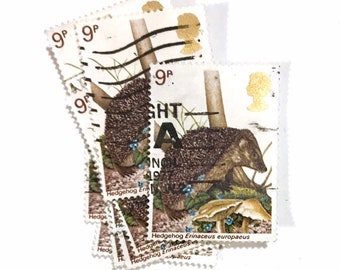 10 x Hedgehog used, British postage stamps all off paper - Wildlife Woodland 9p - for journals, scrapbook, stamp art, crafts