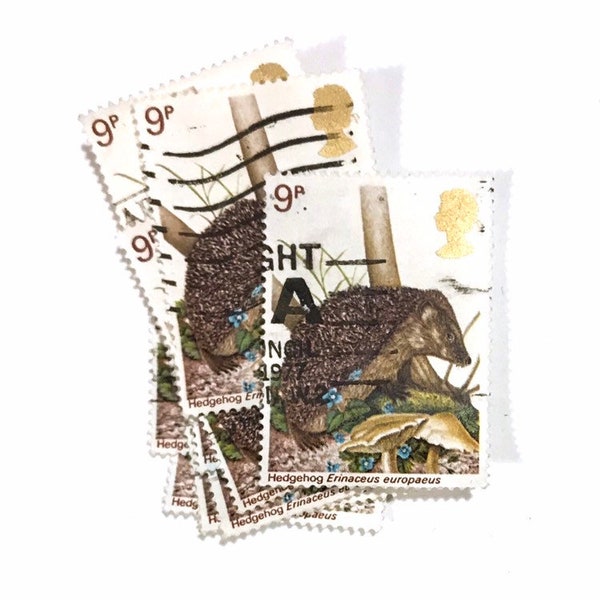 10 x Hedgehog used, British postage stamps all off paper 1977 - Wildlife Woodland 9p - for journals, scrapbook, stamp art, crafts