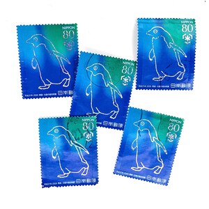 5 x Penguin Japans gevormde blauwe en zilveren gebruikte postzegels - van papier - Penguins Shiny Japan - voor knutselen, kaarten maken en verzamelen