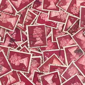Kastanjebruine gebruikte, Britse, 1p machinale postzegels, allemaal van papier voor collage, postzegels verzamelen, decoupage, scrapbooking en knutselen