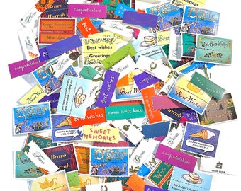 100 x Mixed Greetings gummed stamp gutters - vintage postal ephemera Best Wishes Write Soon for snail mail, scrapbook, journal, card making