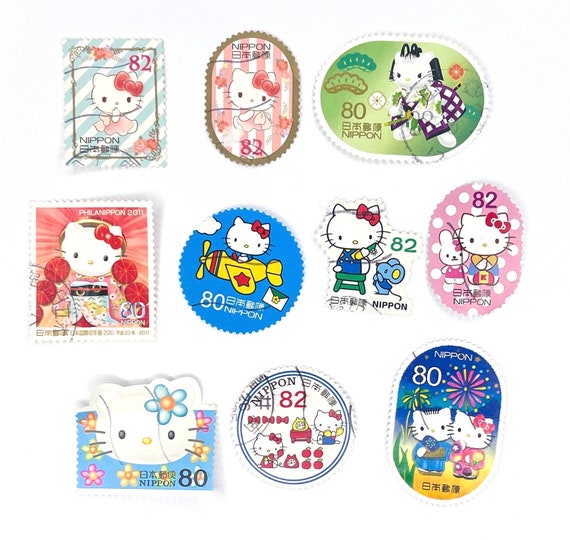 10 X Hello Kitty Used, Japanese Postage Stamps All off Paper Japan Cats  Hearts for Card Making, Invites, Scrapbooking, Crafts 