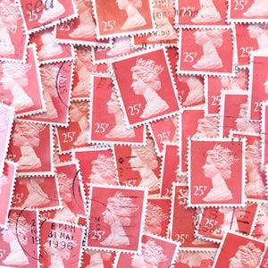 Blushroze, gebruikte, Britse 25p machinale postzegels, allemaal van papier voor collage, postzegels verzamelen, decoupage, mailart en knutselen