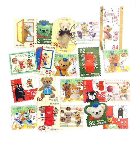 20 x Posukuma & Teddy Bear cute Japanese used postage stamps - off paper -  all different - Japan - Nippon - Set 1