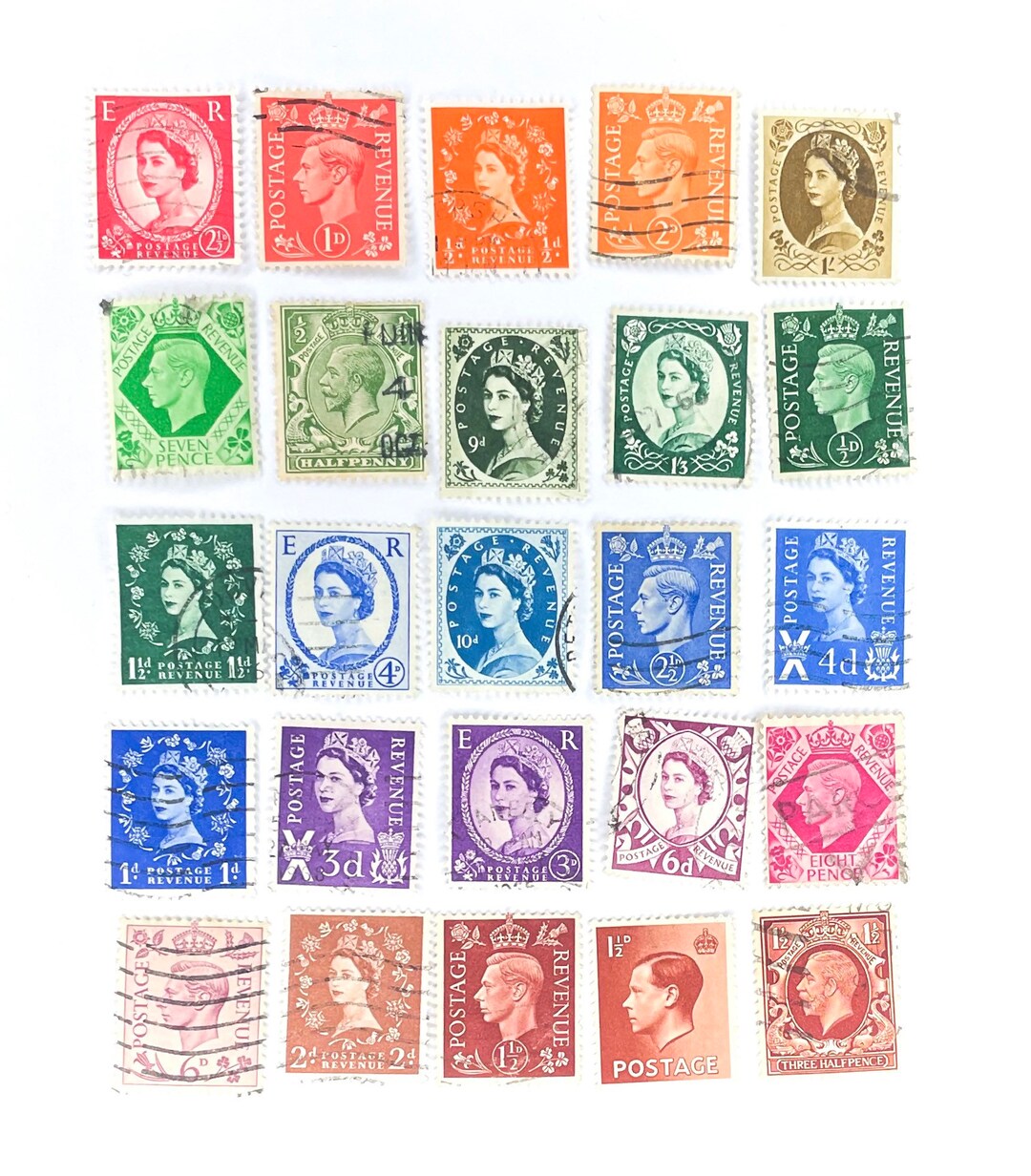 25 Used Rainbow Old British Postage Stamps, All Different, All off