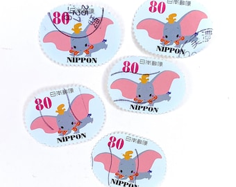 5 x Dumbo used, Japanese postage stamps all off paper - Japan - Disney - Flying Elephant - for crafts, scrapbooking, card making, swaps