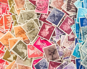 400 x used rainbow British machin postage stamps - off paper - for collage, stamp collecting, mail art, stamp art, scrapbooking, crafting
