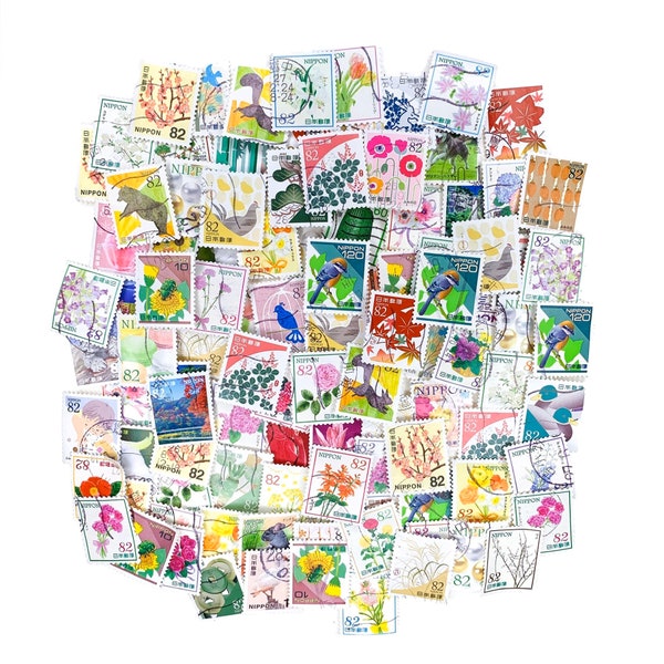 100 x used Japanese postage stamps - off paper - Japan Nippon Birds Flowers - stamp collecting, mail art, crafts - bumper pack