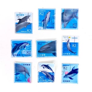 9 x Dolphins Japonais timbres-poste utilisés tout hors papier - Japon - Dolphin Marine Ball Blue - pour la collecte, journal, artisanat, fabrication de cartes