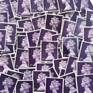 Selos postais roxos escuros, usados, britânicos, 3D, todos em papel para colagem, coleta de selos, scrapbooking, decoupage e artesanato
