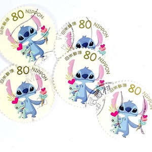 5 sellos postales japoneses usados de Lilo & Stitch, todos en papel - Japón - Disnet