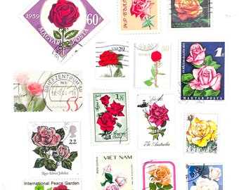 The Rose Collection - 15 x used postage stamps, all different, off paper - Roses Flowers LOVE Petals - for stamp collecting, crafts