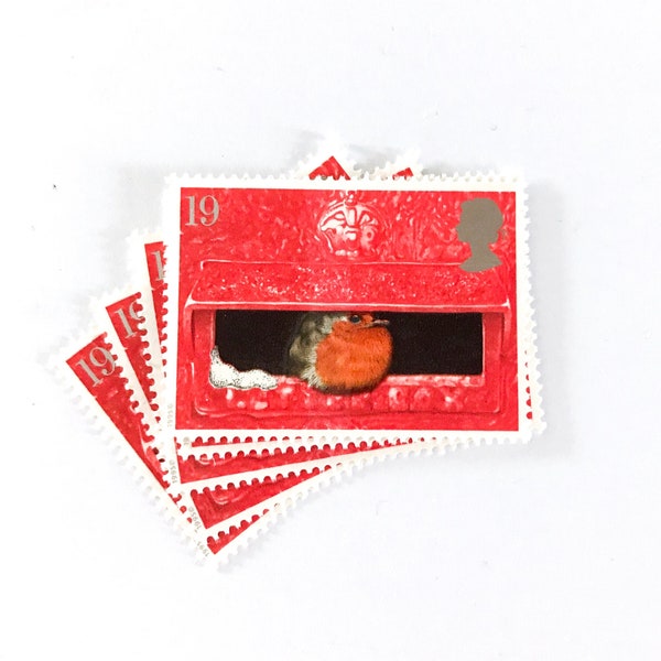 5 x Robin 19p GB Unused Vintage Mint Postage Stamps - Robin in a Post Box Postbox Snow Christmas for postage, crafts, mail art, card making