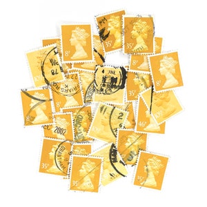 25 francobolli gialli, usati, britannici, a macchina - 8p Limone 35p - carta per collage, collezionismo, scrapbooking, decoupage e artigianato