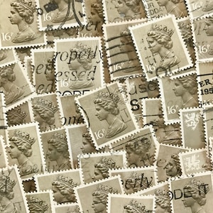 Sellos postales de 16p de uso beige neutral, británicos, todos de papel para collage, colección de sellos, decoupage, scrapbooking y crafting