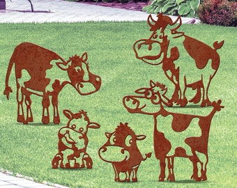 May include: A set of four metal cow silhouettes in various sizes. The cows are brown with white spots and have a rustic, weathered look. They are perfect for adding a whimsical touch to a garden or yard.