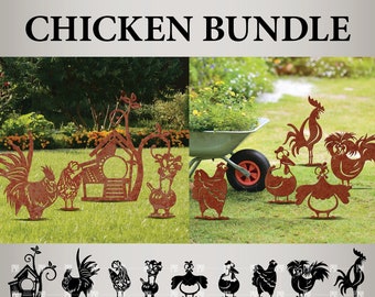 Chickens CNC Cut File bundle, Funny Hens and Rooster Laser dwg, Barn Yard Animals Plasma Cutting File-House Warming Gift for Garden SVG, DXF