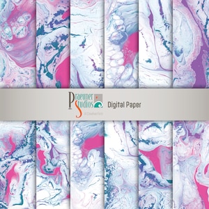 Roze en blauw digitaal marmeren papier voor scrapbooking achtergrondcollage, wit, warmroze en groenblauw Instant Download, gemarmerde achtergrond