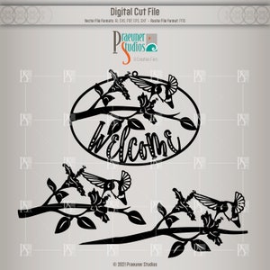 May include: Black and white silhouette cut file design of a welcome sign with hummingbirds and flowers. The sign is in a circle shape with the word "Welcome" in a decorative font.