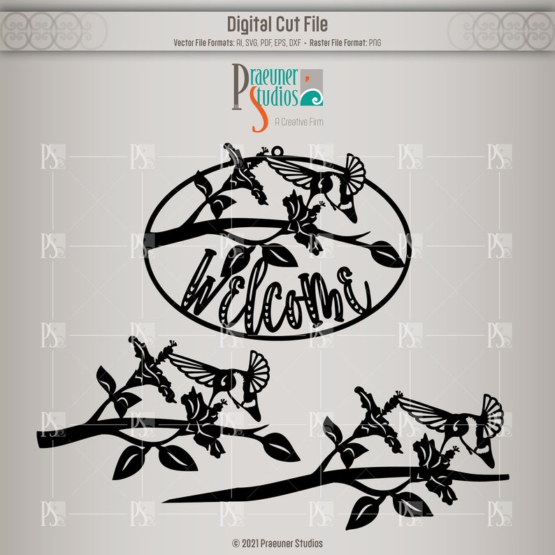 May include: Black and white silhouette cut file design of a welcome sign with hummingbirds and flowers. The sign is in a circle shape with the word "Welcome" in a decorative font.