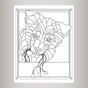 May include: A black and white line drawing of a dog's head peeking out of a window frame. The dog's head is stylized with geometric shapes and lines, creating a stained glass effect.