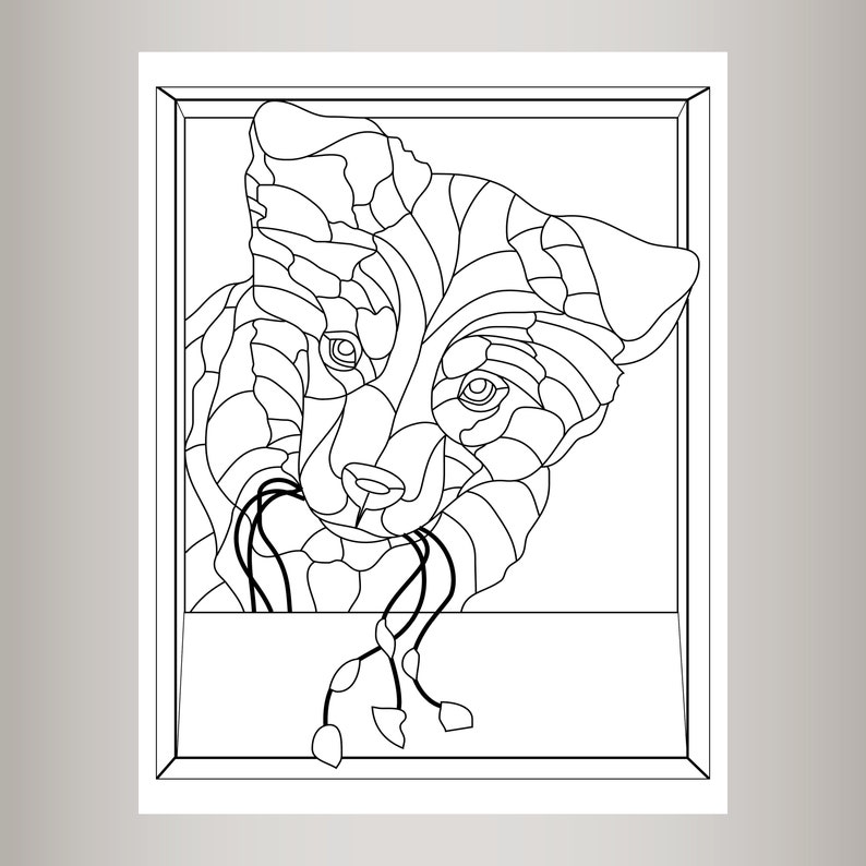 May include: A black and white line drawing of a dog's head peeking out of a window frame. The dog's head is stylized with geometric shapes and lines, creating a stained glass effect.