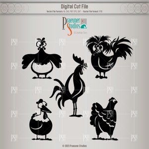 May include: Five black silhouette images of chickens and roosters. The images are in a cartoon style and are all facing different directions. The images are on a gray background.