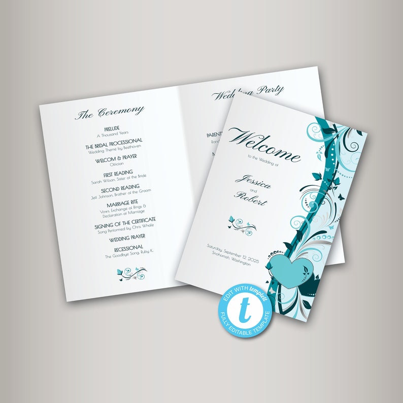 May include: A wedding ceremony programme with a teal and silver floral design. The programme includes the order of events for the ceremony, including the prelude, processional, readings, and recessional. The programme also includes the names of the bride and groom, Jessica and Robert, and the date of the wedding, September 12, 2020.