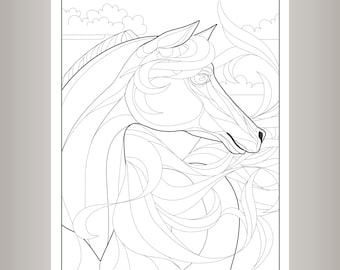 Fire Horse Coloring Page - Horse - Flowing Horse Main - Horse Coloring Page - Instant Download - Black And White - Horse Head - Wind