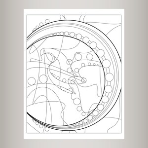 May include: Monochrome abstract art print. The design features a series of curved lines, circles, and organic shapes. A large circular element is present, with smaller circles arranged along its edge, creating a sense of movement and depth.