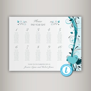 May include: A wedding seating chart with a teal and silver floral design. The chart is divided into ten sections, each with a number and a list of names. The text "Please Find Your Seat" is at the top of the chart. The text "Thank You for Celebrating with Us Jessica Lynn and Robert Jones" is at the bottom of the chart.