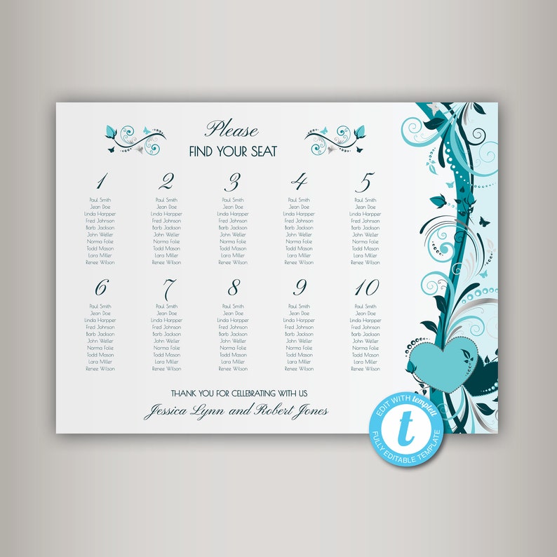 May include: A wedding seating chart with a teal and silver floral design. The chart is divided into ten sections, each with a number and a list of names. The text "Please Find Your Seat" is at the top of the chart. The text "Thank You for Celebrating with Us Jessica Lynn and Robert Jones" is at the bottom of the chart.