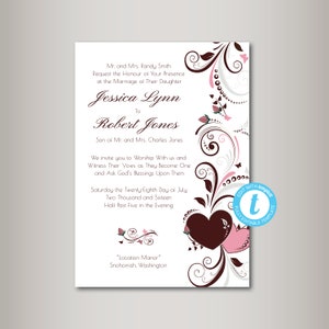 Heart Floral Wedding Invitation, Template, Cheap Invitation, Printable Wedding Invite, DIY, PDF Instant Download