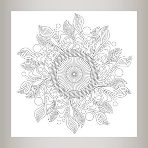 May include: A black and white mandala design with intricate details and a circular pattern in the centre.