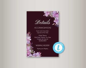 Wedding Details Card, Pink Wedding Details Card, Template, Floral Details Card, Printable Wedding Details Card, DIY, PDF Instant Download