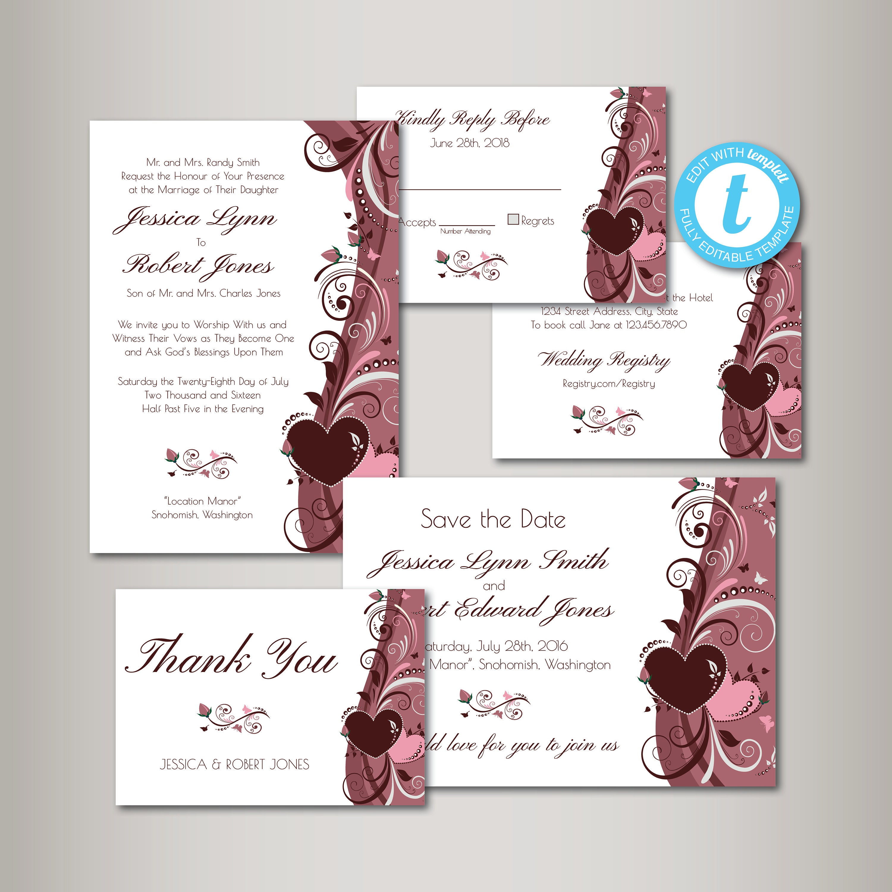 カップ Heart Floral Wedding Invitation, Template, Cheap Invitation