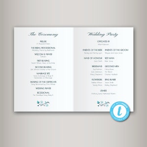May include: A wedding ceremony programme with a blue and white colour scheme. The programme lists the order of events for the ceremony and the names of the wedding party members. The text "The Ceremony" and "Wedding Party" are in a decorative script font.